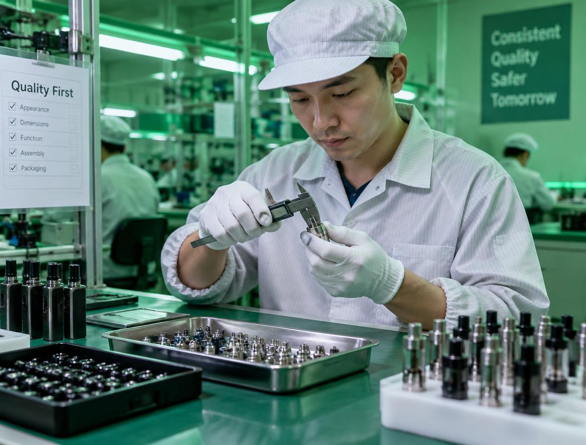 Quality control technician measuring vape hardware components at the factory