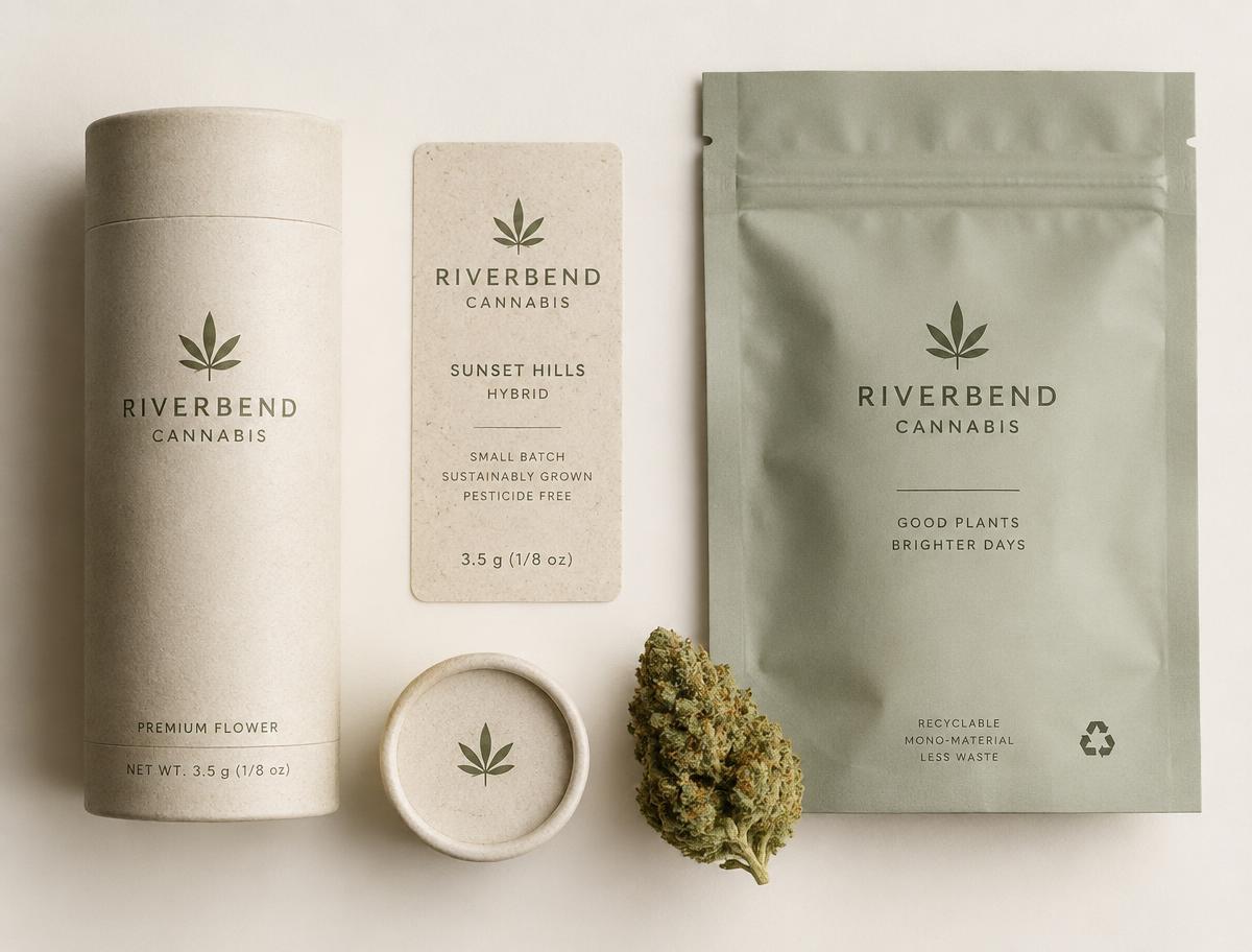 Recycled paperboard tube, mono-material pouch and hemp-fiber label for cannabis packaging