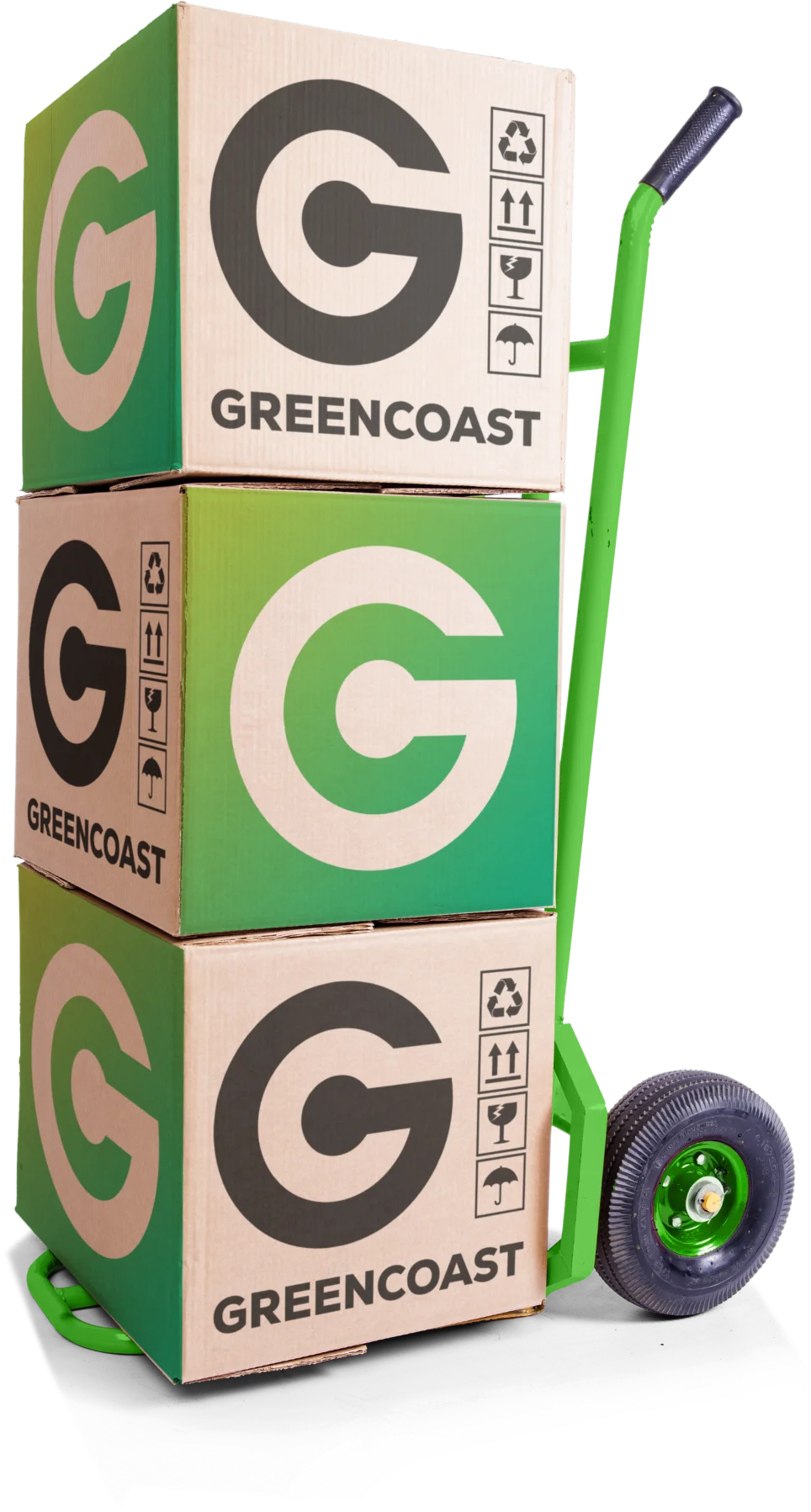Greencoast boxes stacked on a hand truck
